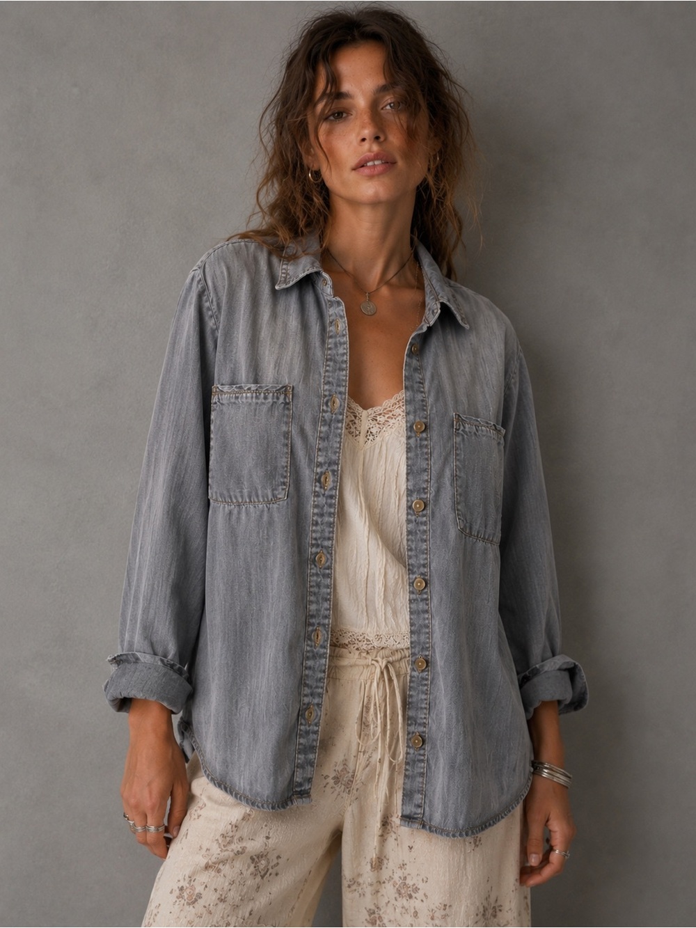 Cloth & Stone Anthropologie Button Down Shirt Gray Chambray Lightweight XS - Picture 1 of 12